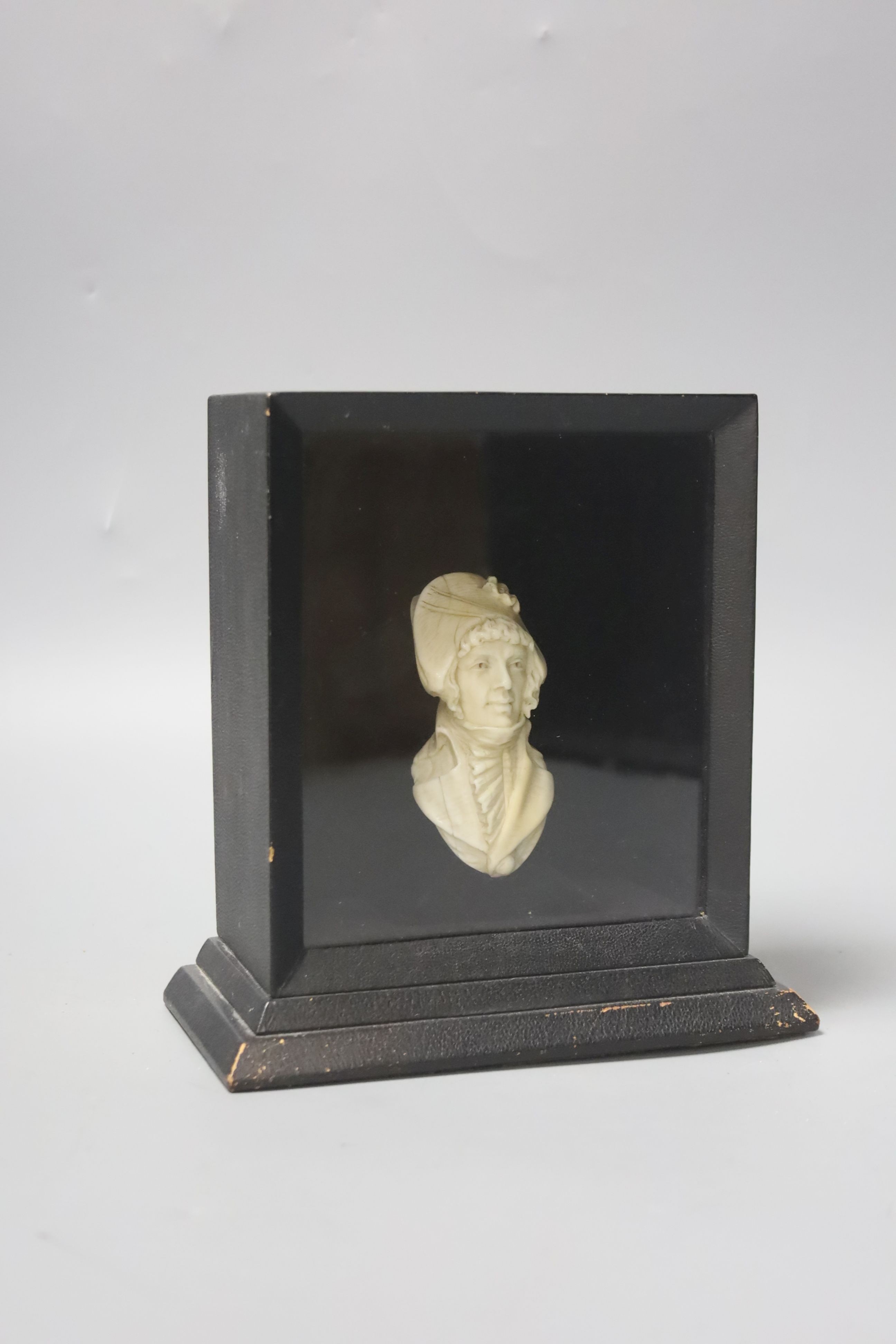 A 19th century carved bust of a French military gentleman, cased, height 17cm, width 16cm